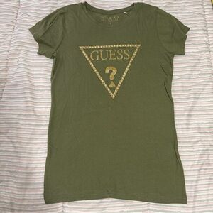 Guess T-Shirt Olive Green Gold Logo Short Sleeve Size Small